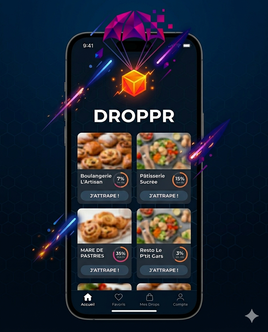 Écran de l'application Droppr montrant un Drop anti-gaspi en cours avec compteur de temps et nombre de personnes intéressées